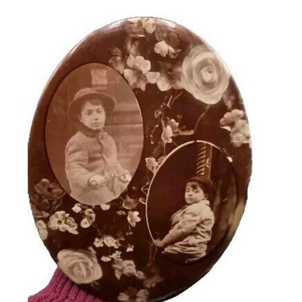 Oval Celluloid Photo Button Large Sepia Portraits Floral Rose Children Kids